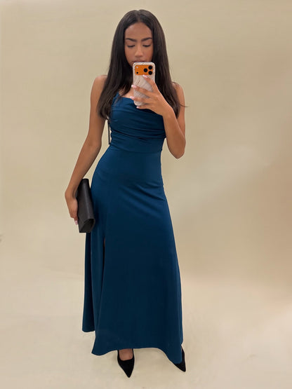 Elegantiška tamsiai mėlyna maxi ilgio suknelė