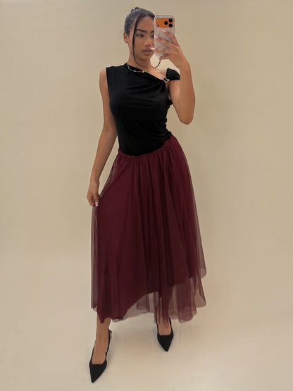 Bordo spalvos tiulio sijonas