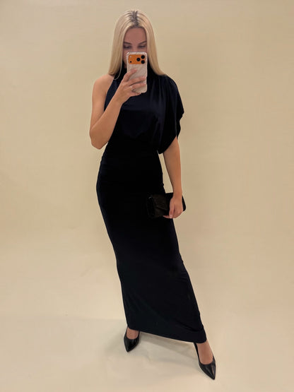 Elegantiška tamsiai mėlynos spalvos maxi suknelė