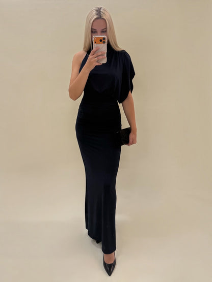 Elegantiška tamsiai mėlynos spalvos maxi suknelė